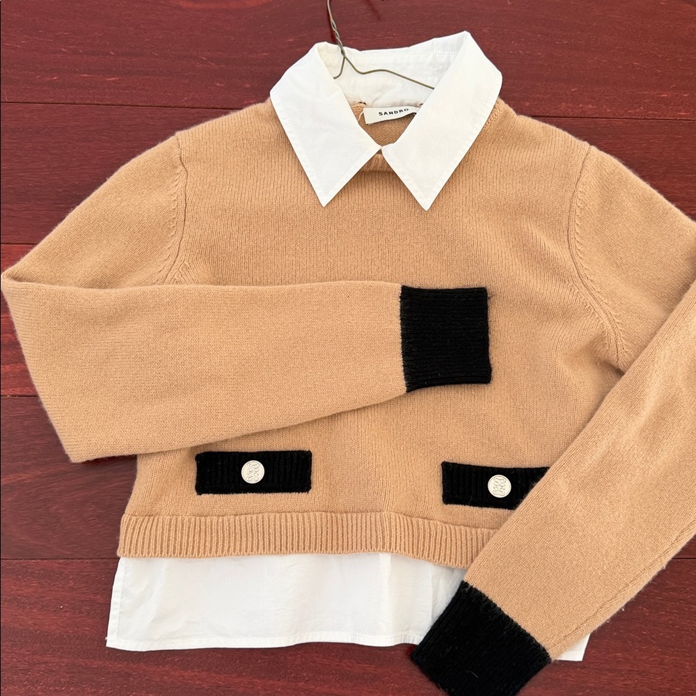 Sandro Camel and Black Crew Neck Sweater